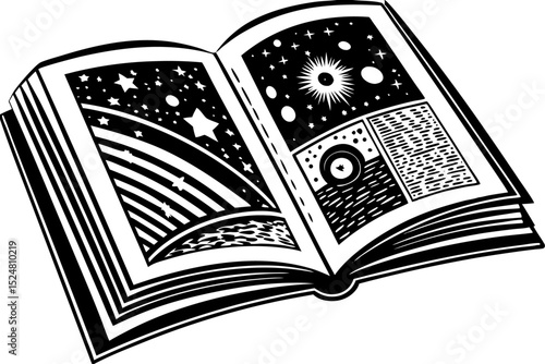 Vintage stipple opened book collage element isolated on transparent background