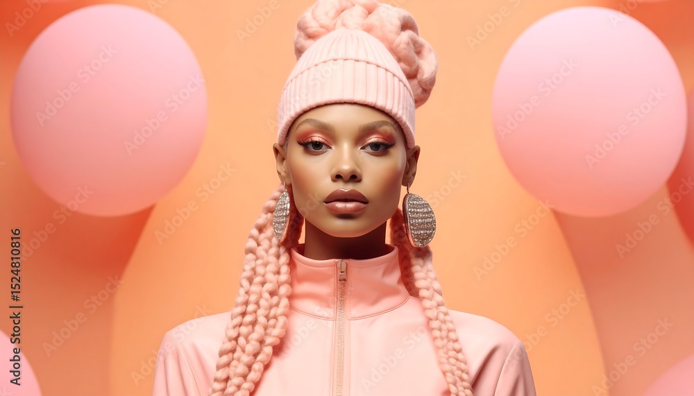 Fototapeta premium Stylish Woman in Pink Fashion, Balloons - Pastel colors