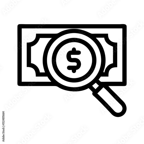Magnifying glass over money bill. Dollar coin under magnifying glass on money.  Financial research icon for website or app.  Magnifying glass over money concept for business.