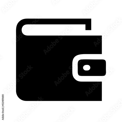 Simple black wallet icon. Closed wallet graphic with snap closure detail. Stylish wallet illustration perfect for app design, website interface, or mobile application icon.