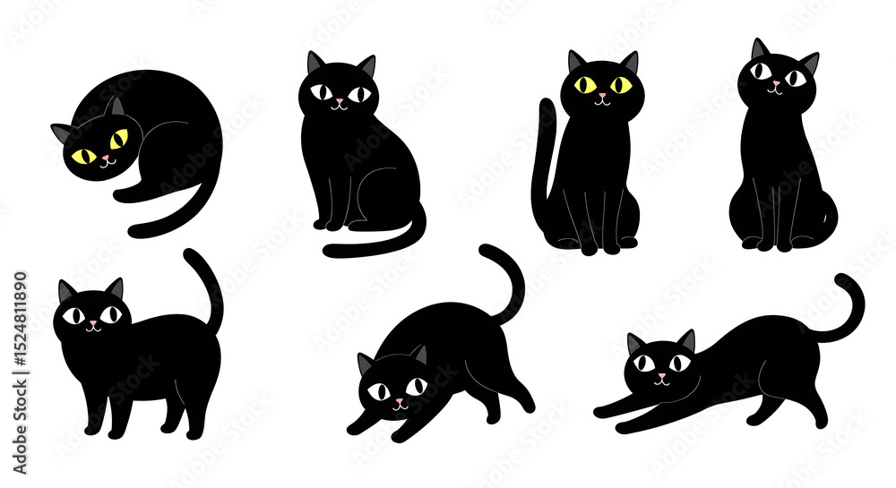 Obraz premium Adorable Black Cat Illustrations Six Poses for Your Creative Projects