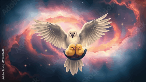 A vector of a celestial bird cradling her luminous chicks against a galaxy backdrop