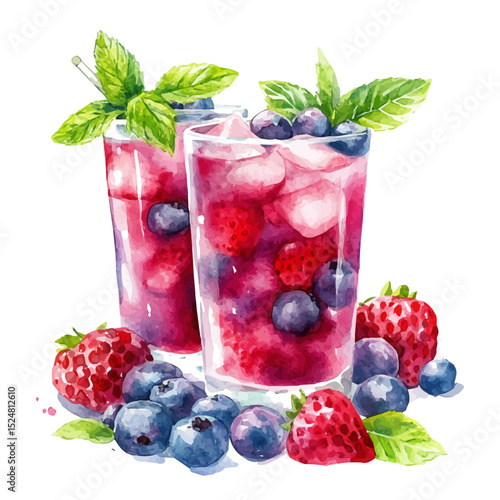 watercolor vector of Ice-cold Berry Drinks Mint, high quality, isolated on a white background.