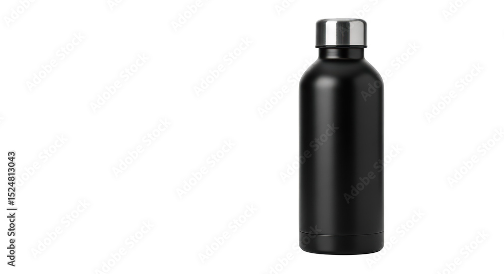 Fototapeta premium Sleek black reusable water bottle with stainless steel cap against a stark black background.