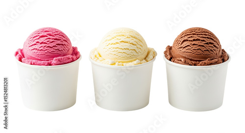Three paper cups filled with sweet pink, white and chocolate ice cream on a black background