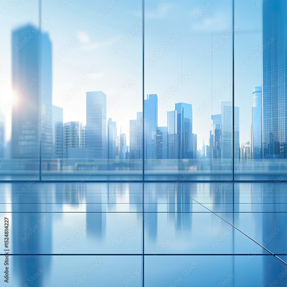 Panoramic city view from a modern, high-rise building's interior, showcasing a sleek, reflective floor Panoramic city view from a modern, high-rise building's interior, showcasing a sleek, reflective floor