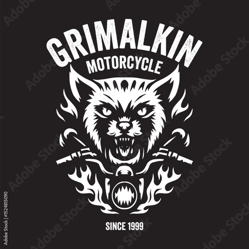 Vintage illustration of motorcycle handlebars with cat head and fire effect