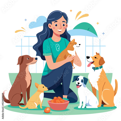 Cartoon Woman Cradling Dog Surrounded by Happy Canine Companions at Dog Shelter