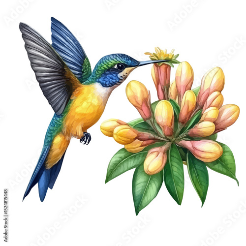 Hummingbird Feeding Spring Flower, watercolor painting vector, high quality, isolated on a white background.