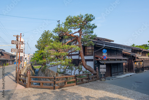 Foto Historic street with traditional wooden merchant houses and pine tree in the old