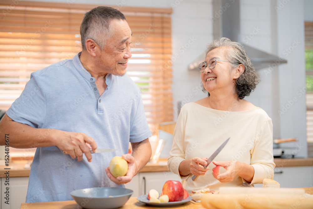 Elderly couple preparing a meal together in a bright kitchen, enjoying time while cooking and sharing moments Elderly couple preparing a meal together in a bright kitchen, enjoying time while cooking and sharing moments
