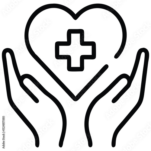 Outline Hands Holding Heart with Medical Cross Illustration Symbol