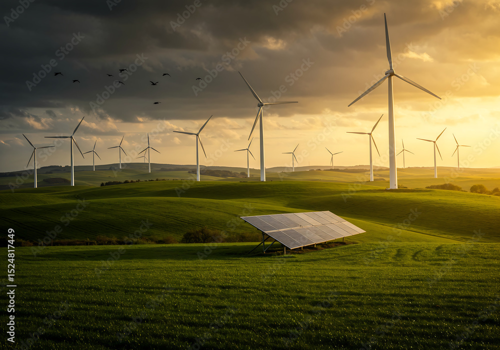 Obraz premium HDR Golden Hour Renewable Energy Landscape with Wind Turbines and Solar Panels