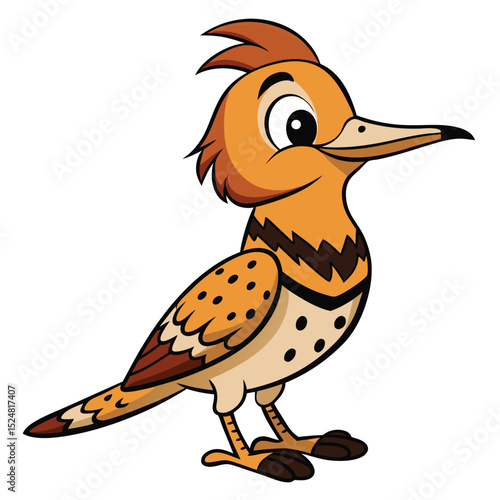 Cute cartoon hoopoe bird character is standing and smiling at the viewer happily