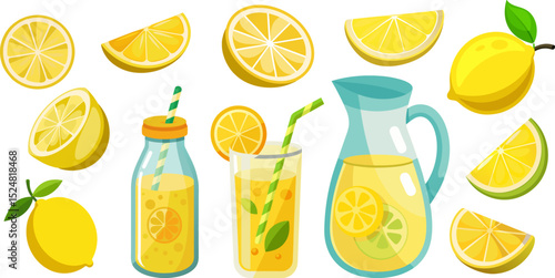 Lemon slices and lemonade vector flat set