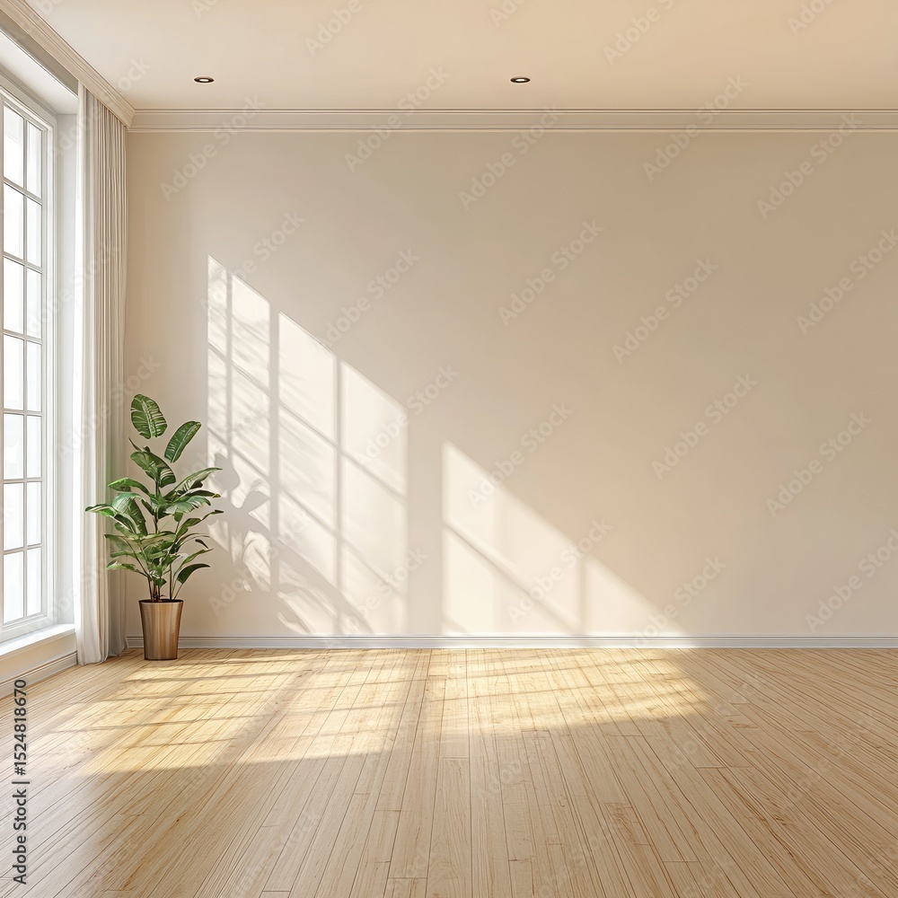 Sunlit empty room with hardwood floor, large window, and potted plant Sunlit empty room with hardwood floor, large window, and potted plant