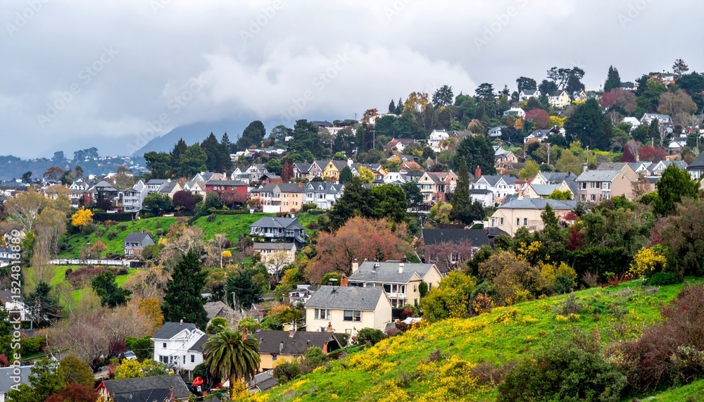 Obraz premium Overcast Day View of Densely Clustered Historic Houses on Hillside Perfect Any Project. AI 