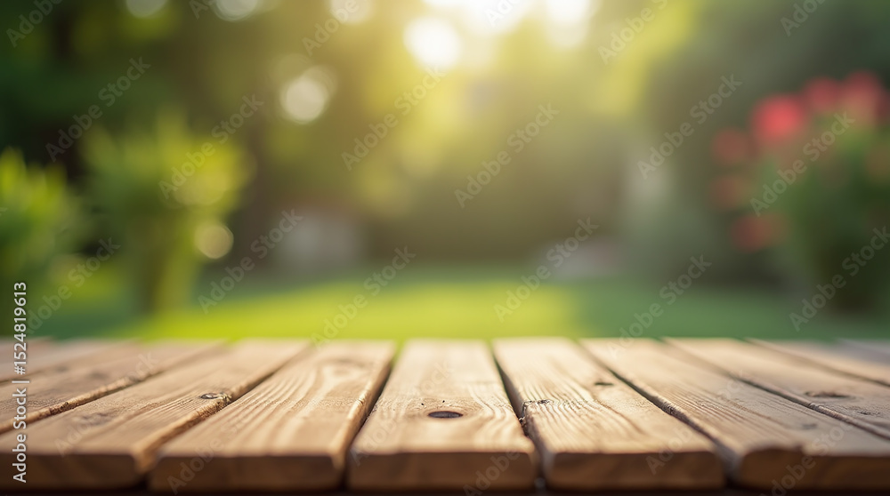 Empty wooden table surface with garden, backyard with green lawn on background, product display mockup Empty wooden table surface with garden, backyard with green lawn on background, product display mockup