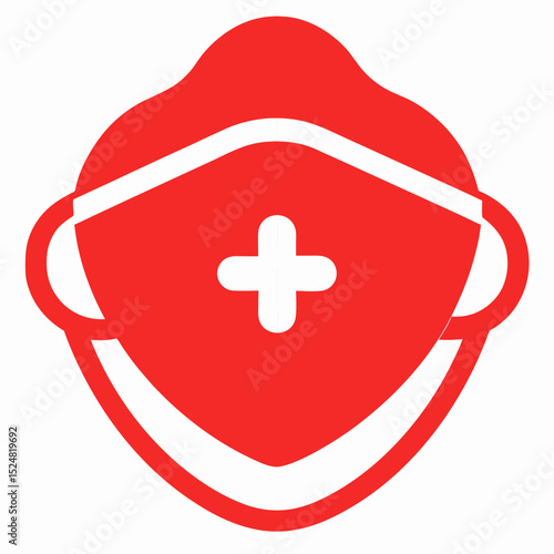 Red medical mask icon with white cross symbol