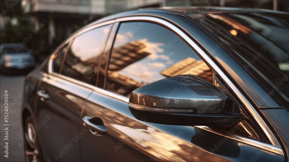 Fototapeta premium Side view of car window tint, ceramic film provides heat rejection and UV protection with stable color, car film installed on the glass surface of the , selected focus car tinting service