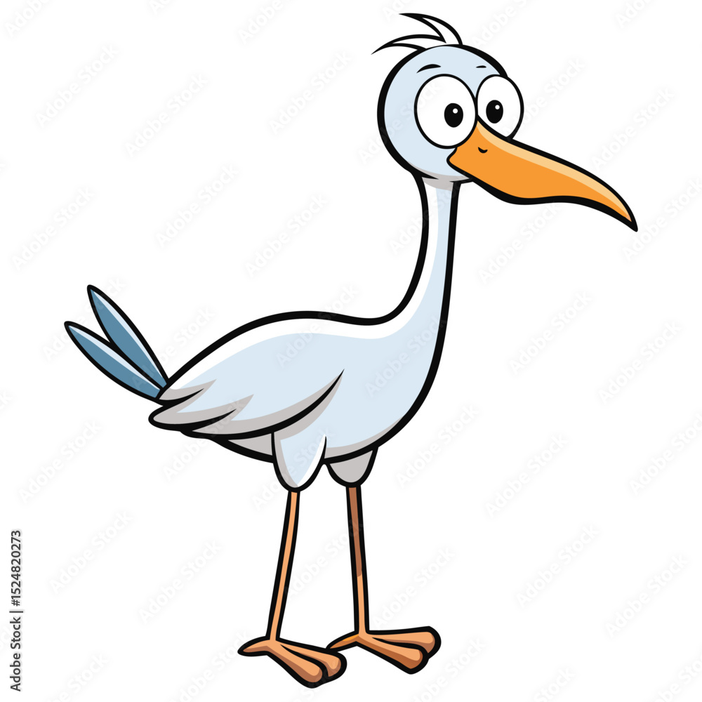 Fototapeta premium Cartoon stork with big eyes and orange beak stands attentively on a white background