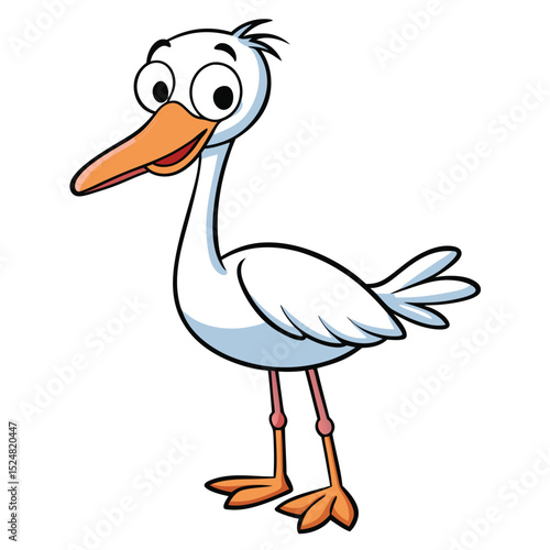 Cartoon stork standing cheerfully with wide eyes is ready for avian adventures