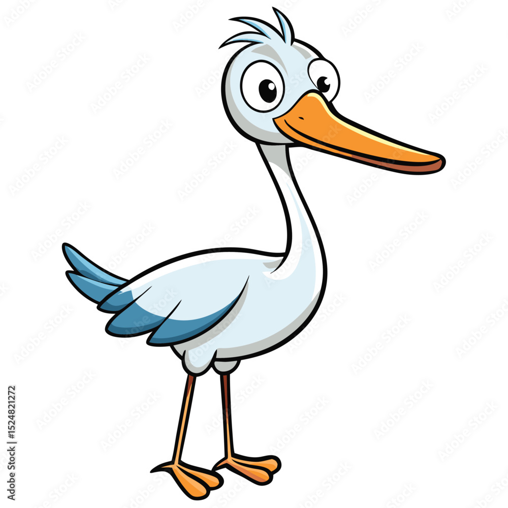 Fototapeta premium Cartoon stork presents a comical pose with distinct orange beak and blue tail