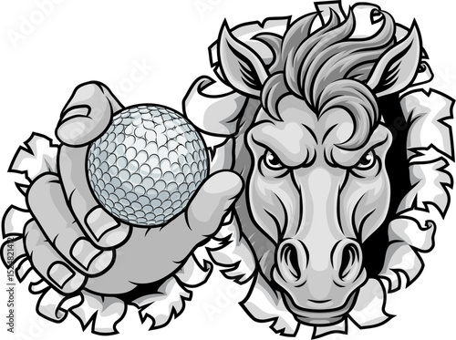 Horse mustang bronco stallion angry golf sports team mascot holding a ball.