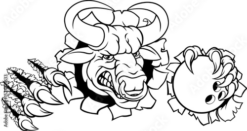 A bull or Minotaur monster longhorn cow angry mean ten pin bowing mascot cartoon.