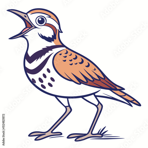 Singing lark bird displaying brown and white plumage is standing tall happily in nature