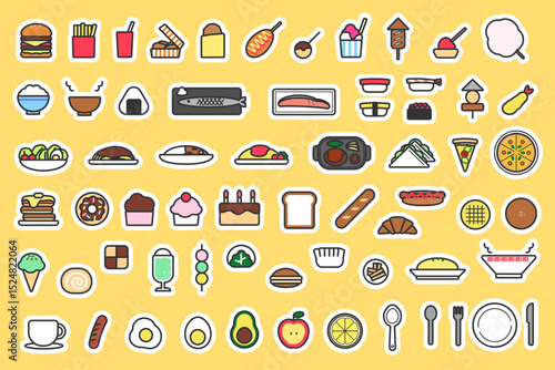 ステッカー風ポップでかわいい料理アイコンセットイラスト