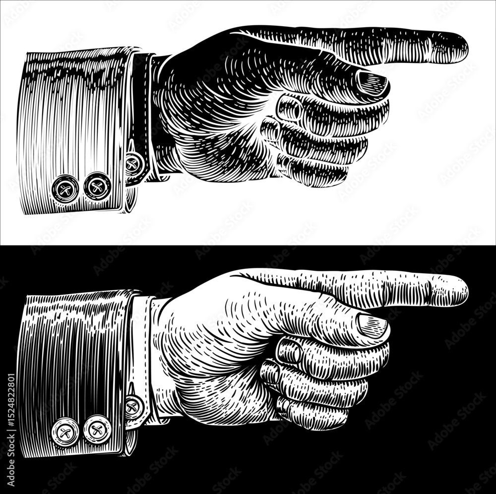 Fototapeta premium A hand pointing a finger in an etched vintage woodcut style