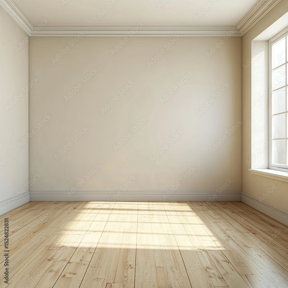 Sunlit empty room with hardwood floors and large window Sunlit empty room with hardwood floors and large window