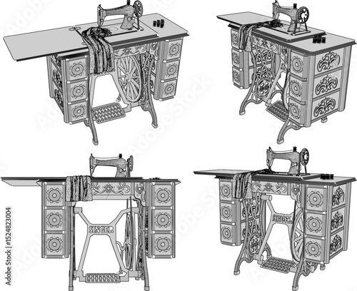 vector illustration of a classic traditional old sewing machine design that moves using the foot 