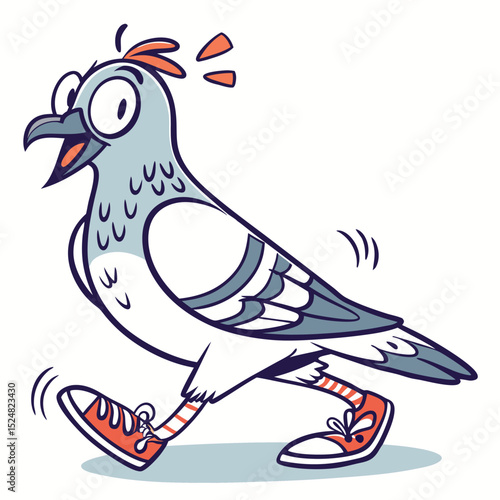 Happy pigeon struts confidently wearing sneakers with striped socks for a fun day
