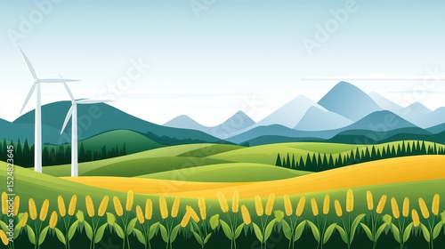 Green energy landscape with wind turbines, rolling hills, corn fields, and majestic mountain backdrop in a bright sky