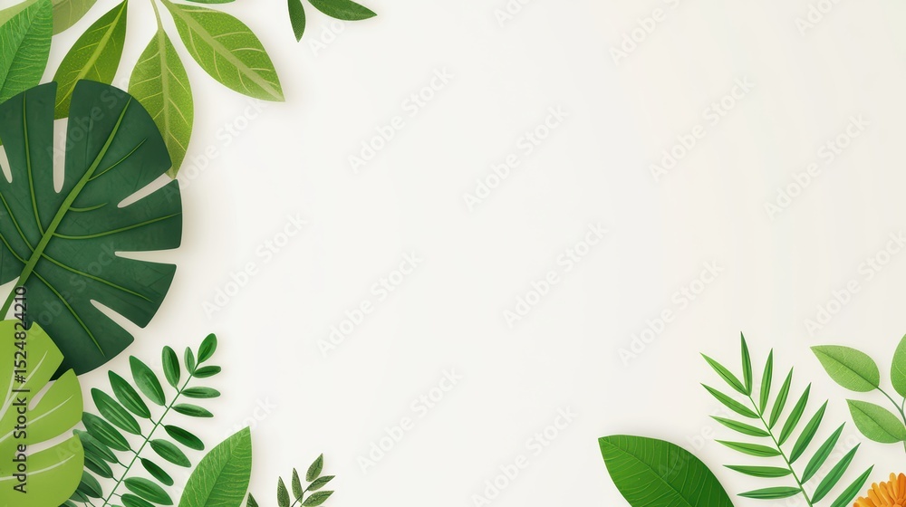 Naklejka premium Lush green leaves and tropical plants frame on soft neutral background for nature inspired designs and concepts