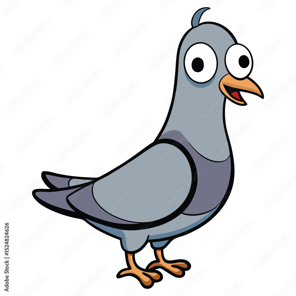 Fototapeta premium Cartoon pigeon with big eyes stands cheerfully on a white background in the illustration