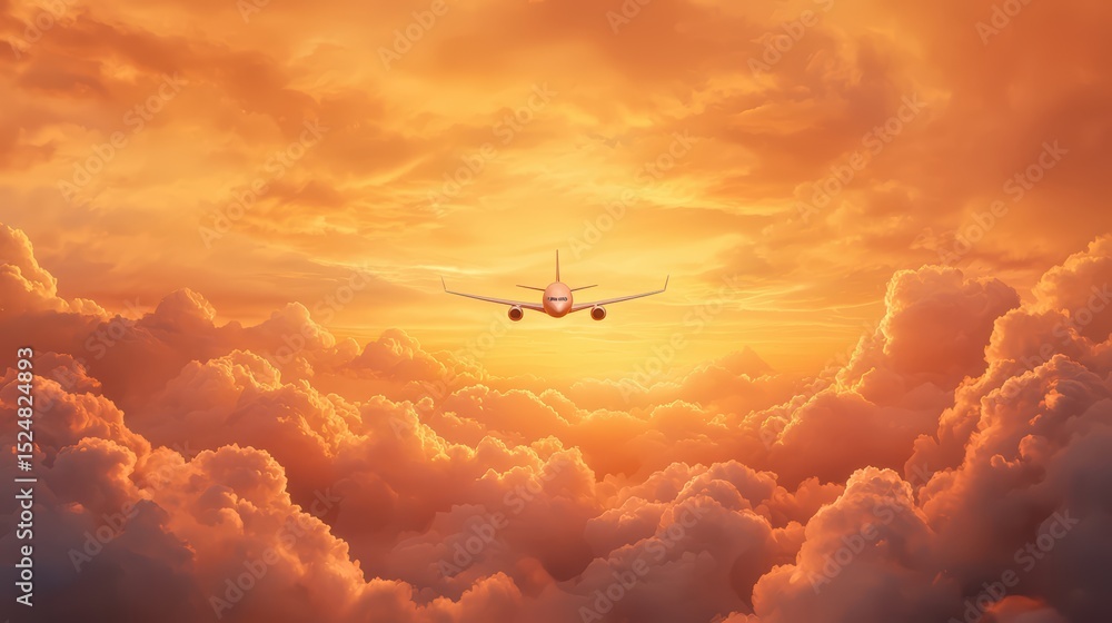 Naklejka premium Airplane flying above clouds during vibrant orange sunset over sky horizon with dramatic color and light contrast