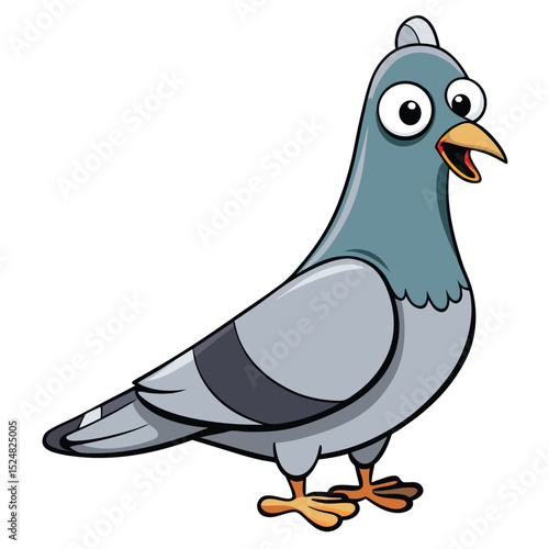 Cartoon pigeon with big eyes stands and opens its beak in surprise