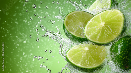 A splash of water is on a green background with three lime slices. The lime slices are cut in half and are floating in the water