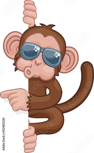 A cool monkey cartoon character animal wearing sunglasses or shades peeking around a sign and pointing at it