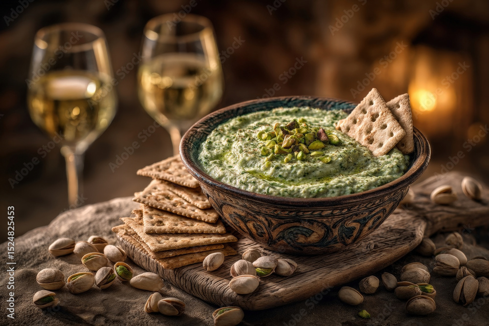 Fototapeta premium Rustic mediterranean appetizer with green pesto dip, artisan crackers, and white wine