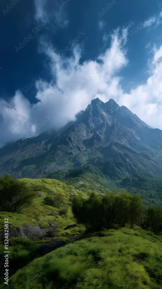 Majestic mountain peak rises over green meadows and trees under a blue sky with fluffy clouds. Ideal for nature travel or adventure. Majestic mountain peak rises over green meadows and trees under a blue sky with fluffy clouds. Ideal for nature travel or adventure.