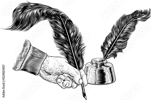A hand holding or writing with a quill feather antique pen with ink well. In a retro vintage engraved or etched woodcut print style.