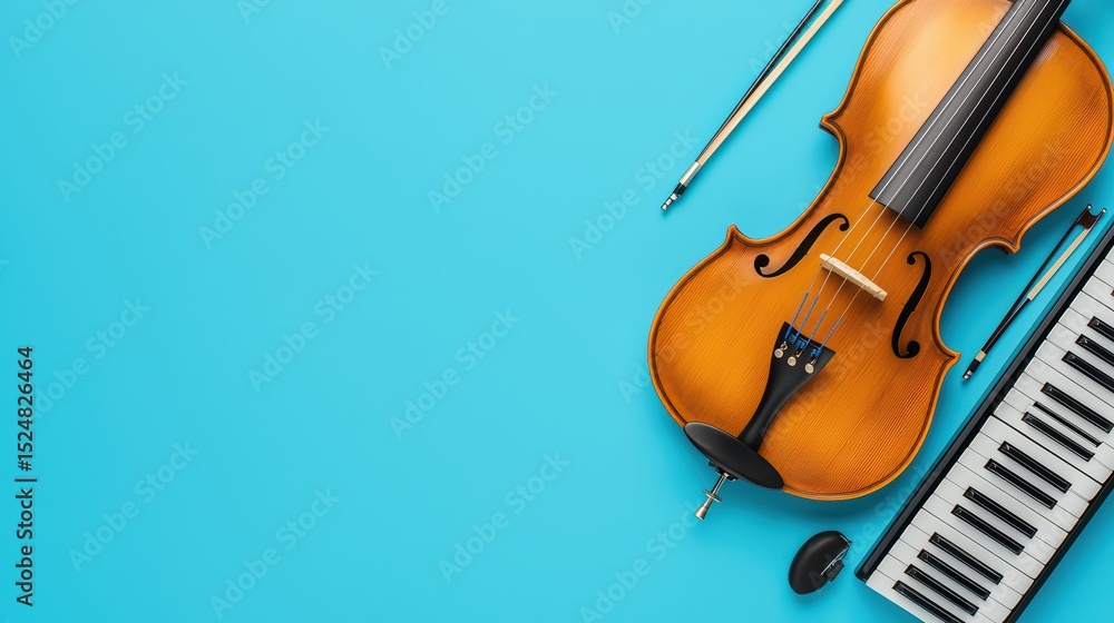 Fototapeta premium Musical instruments on colorful background with violin, piano keyboard, bow, and music accessories for creative projects