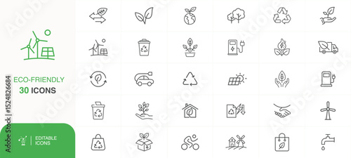 Eco-Friendly Icons Set, Sustainable Living Icon Pack, Environment & Sustainability icons, Minimal Outline Icons – Eco, Recycling, Renewable Energy, Environment, Climate Change Set, new