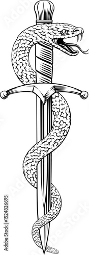 A dagger knife with snake wrapped around it in a vintage woodcut engraved etching tattoo illustration style