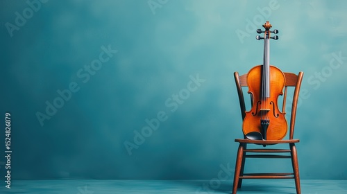 Violin resting on wooden chair against soft blue background for musical themes and artistic expressions in photography