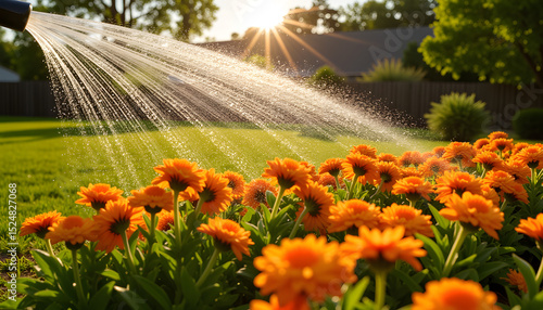 Watering vibrant orange flowers in sunny garden during summer  